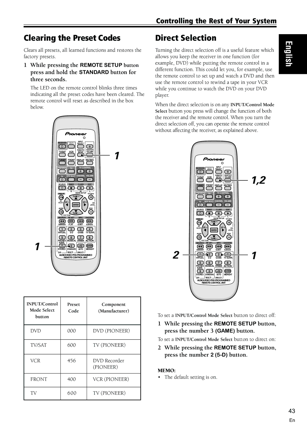 Pioneer VSX-C300-S manual Clearing the Preset Codes, Direct Selection 