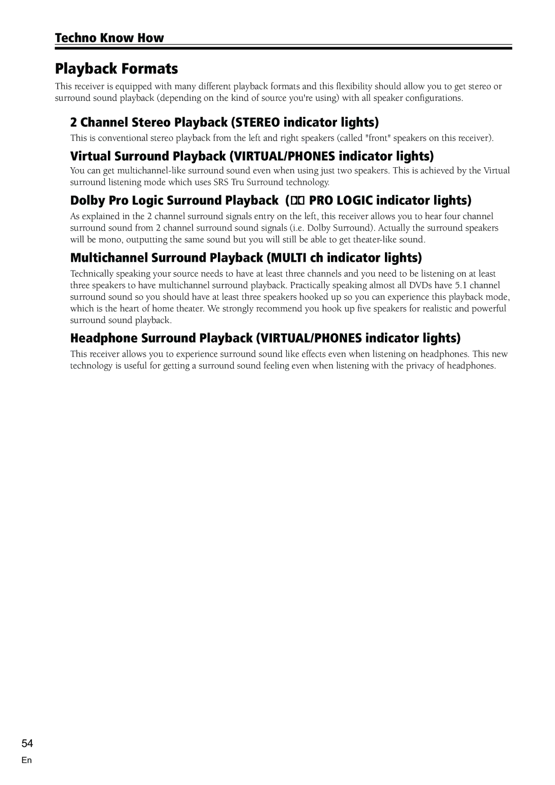 Pioneer VSX-C300-S manual Playback Formats, Channel Stereo Playback Stereo indicator lights 