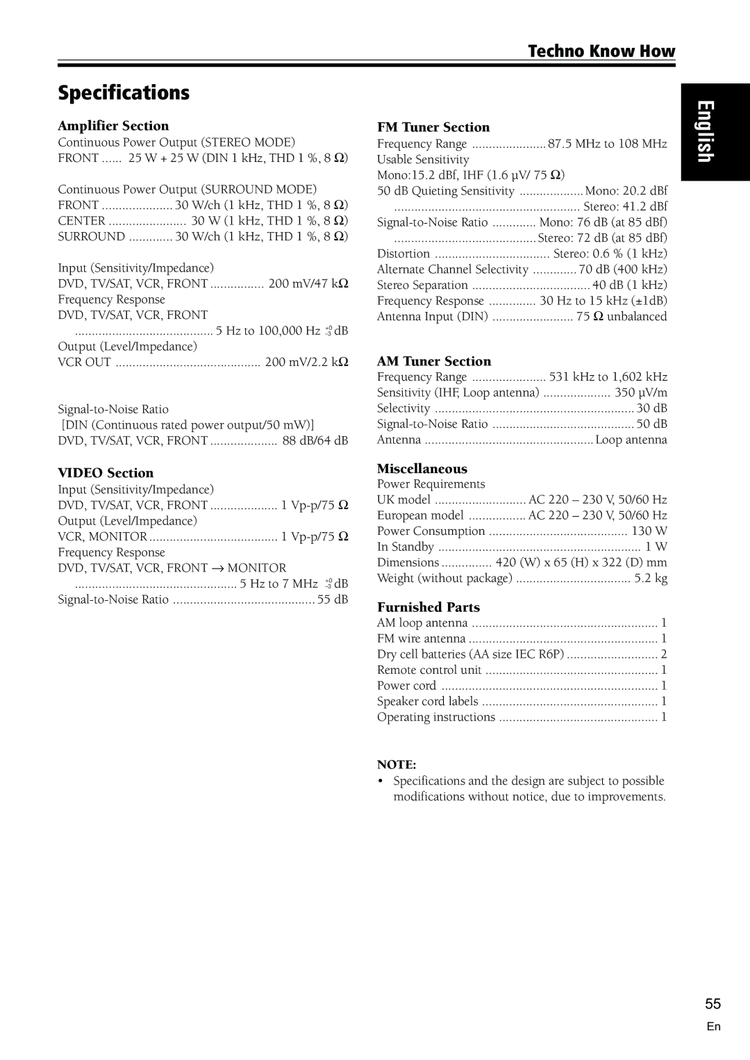 Pioneer VSX-C300-S manual Specifications 