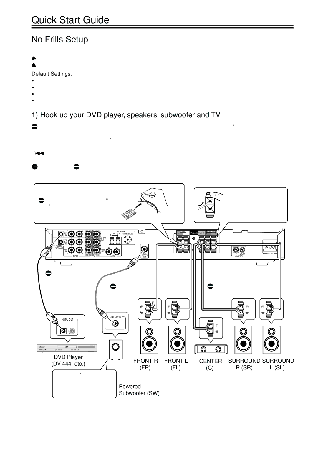 Pioneer VSX-C300-S manual No Frills Setup, Hook up your DVD player, speakers, subwoofer and TV 