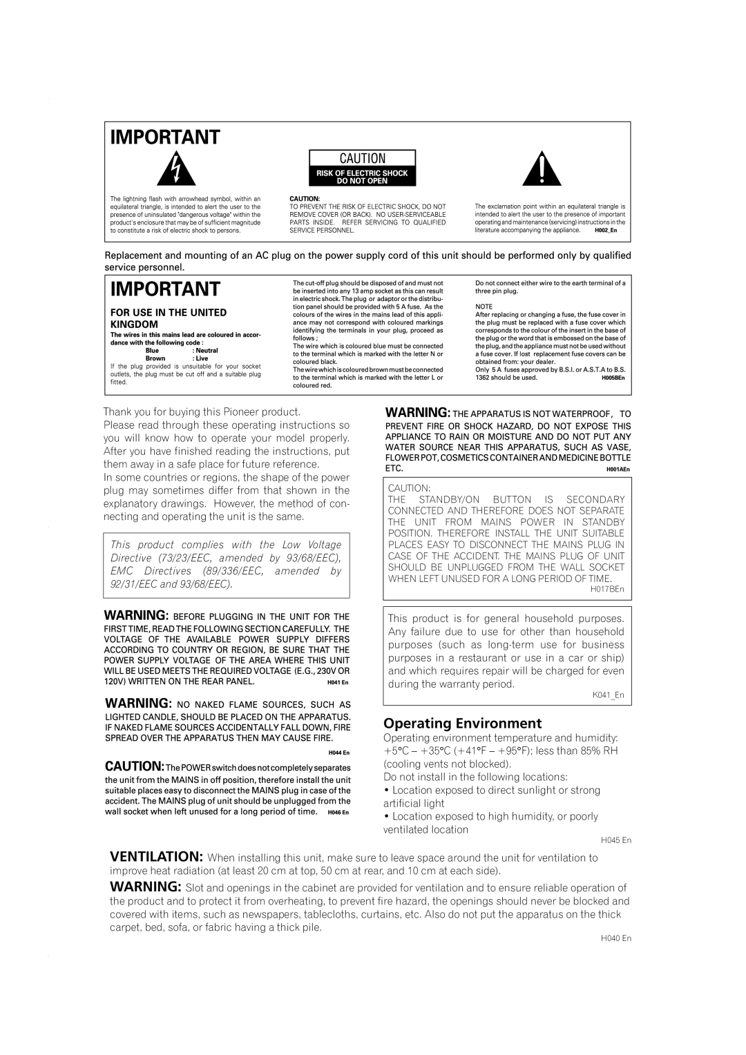 Pioneer VSX-C301 manual Operating Environment 