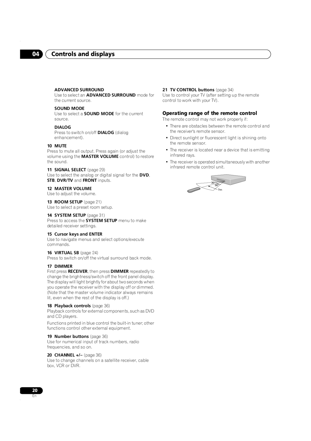 Pioneer VSX-C301 manual Operating range of the remote control 