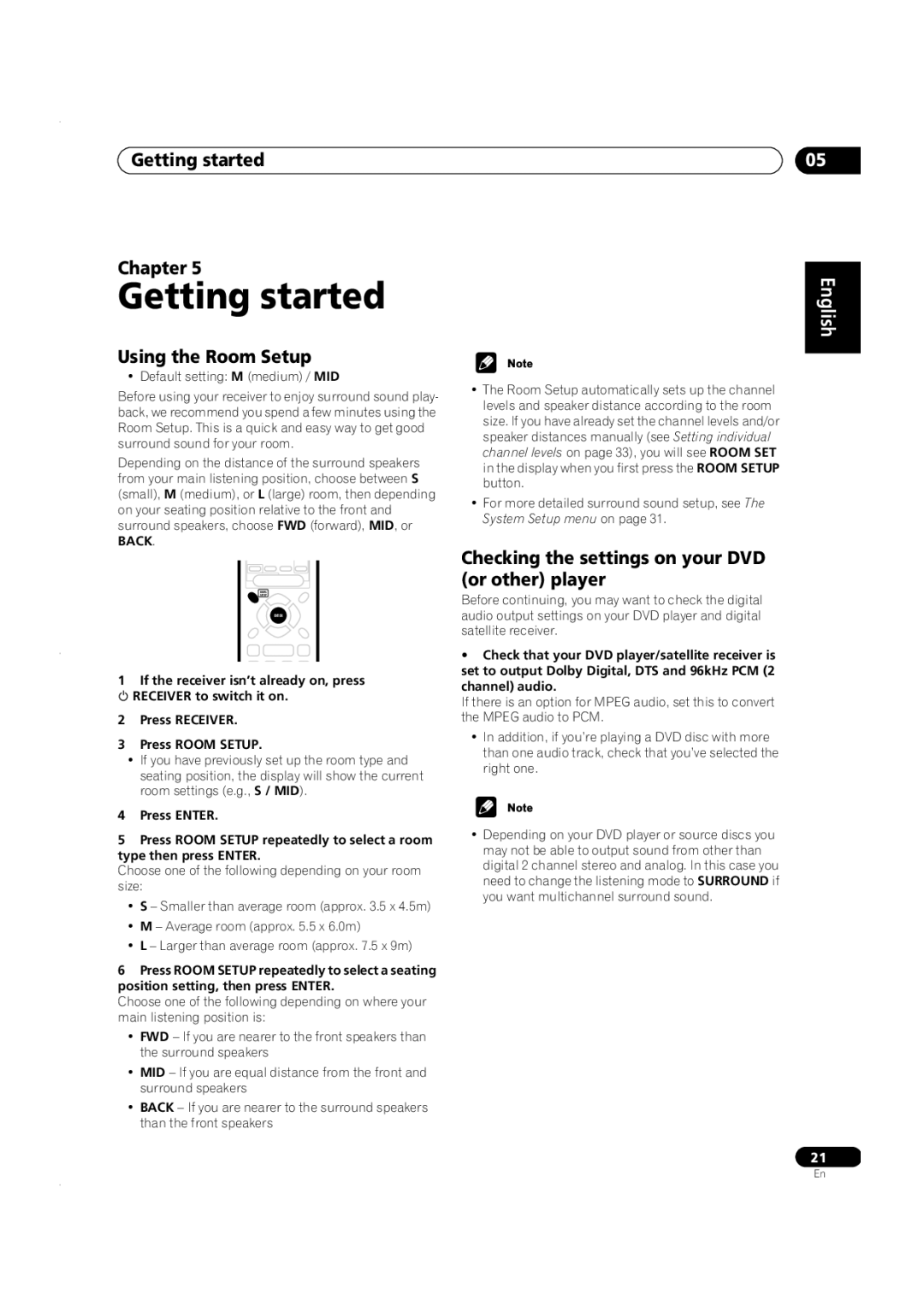 Pioneer VSX-C301 Getting started Chapter, Using the Room Setup, Checking the settings on your DVD or other player 