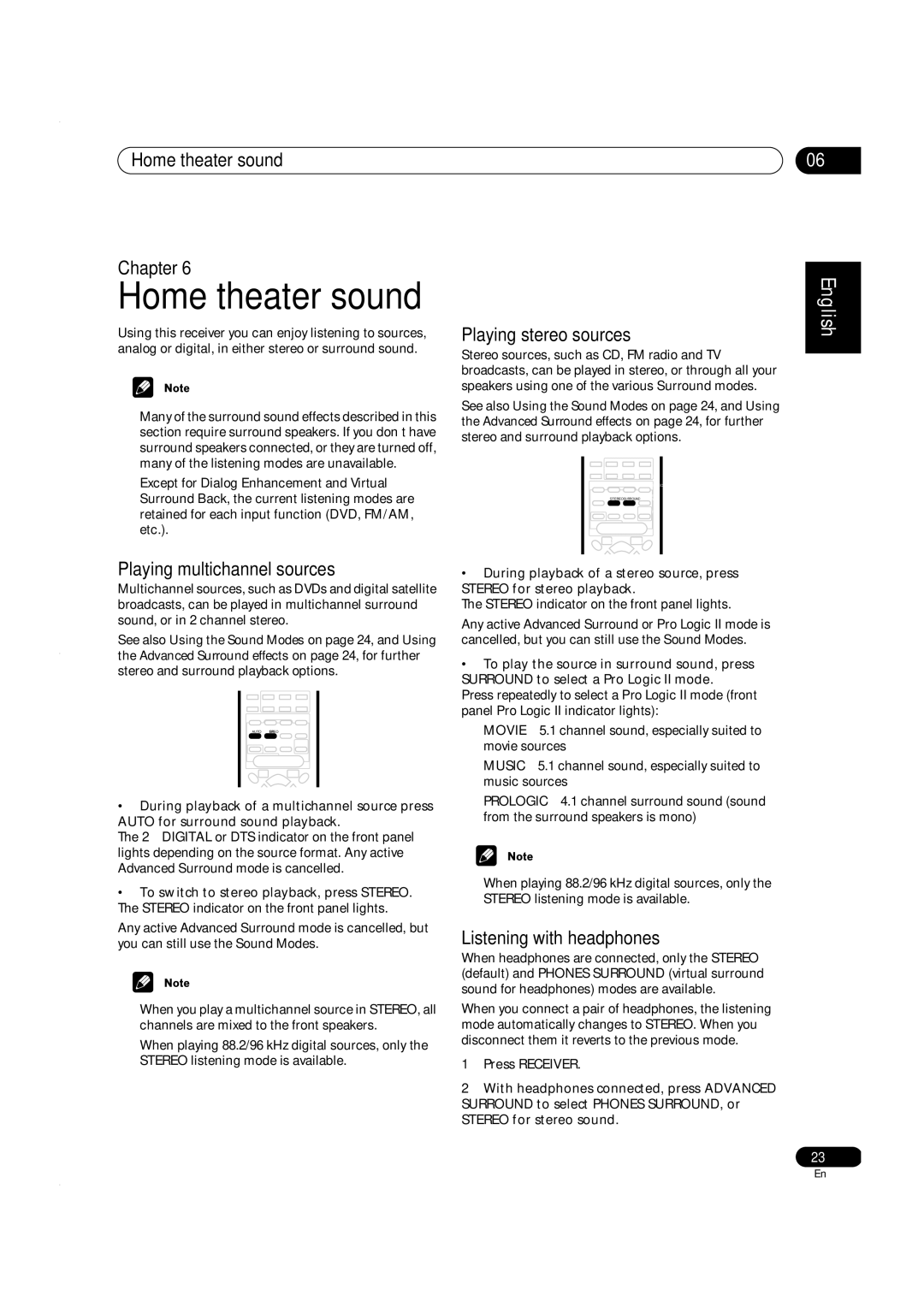 Pioneer VSX-C301 manual Home theater sound Chapter, Playing multichannel sources, Playing stereo sources 