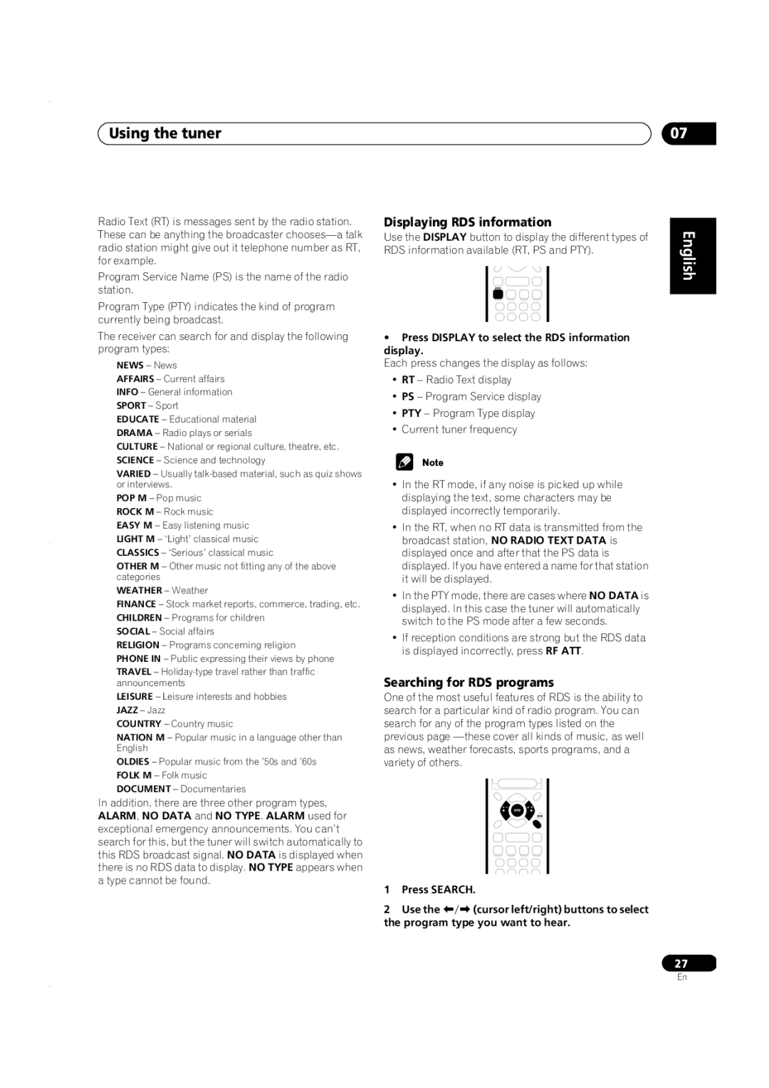 Pioneer VSX-C301 manual Displaying RDS information, Searching for RDS programs 