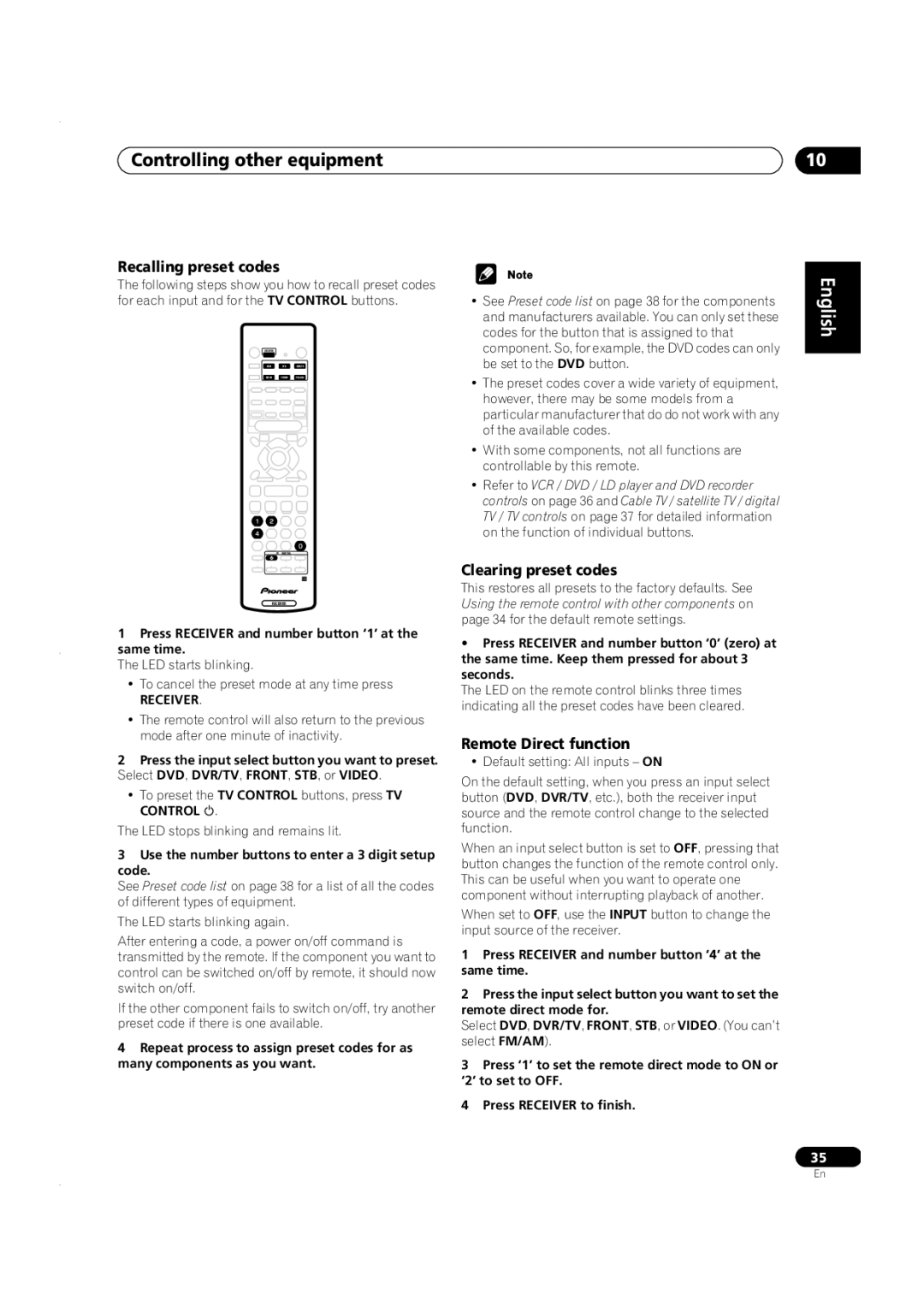 Pioneer VSX-C301 manual Controlling other equipment, Recalling preset codes, Clearing preset codes, Remote Direct function 