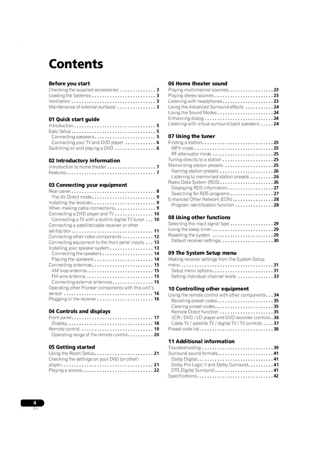 Pioneer VSX-C301 manual Contents 