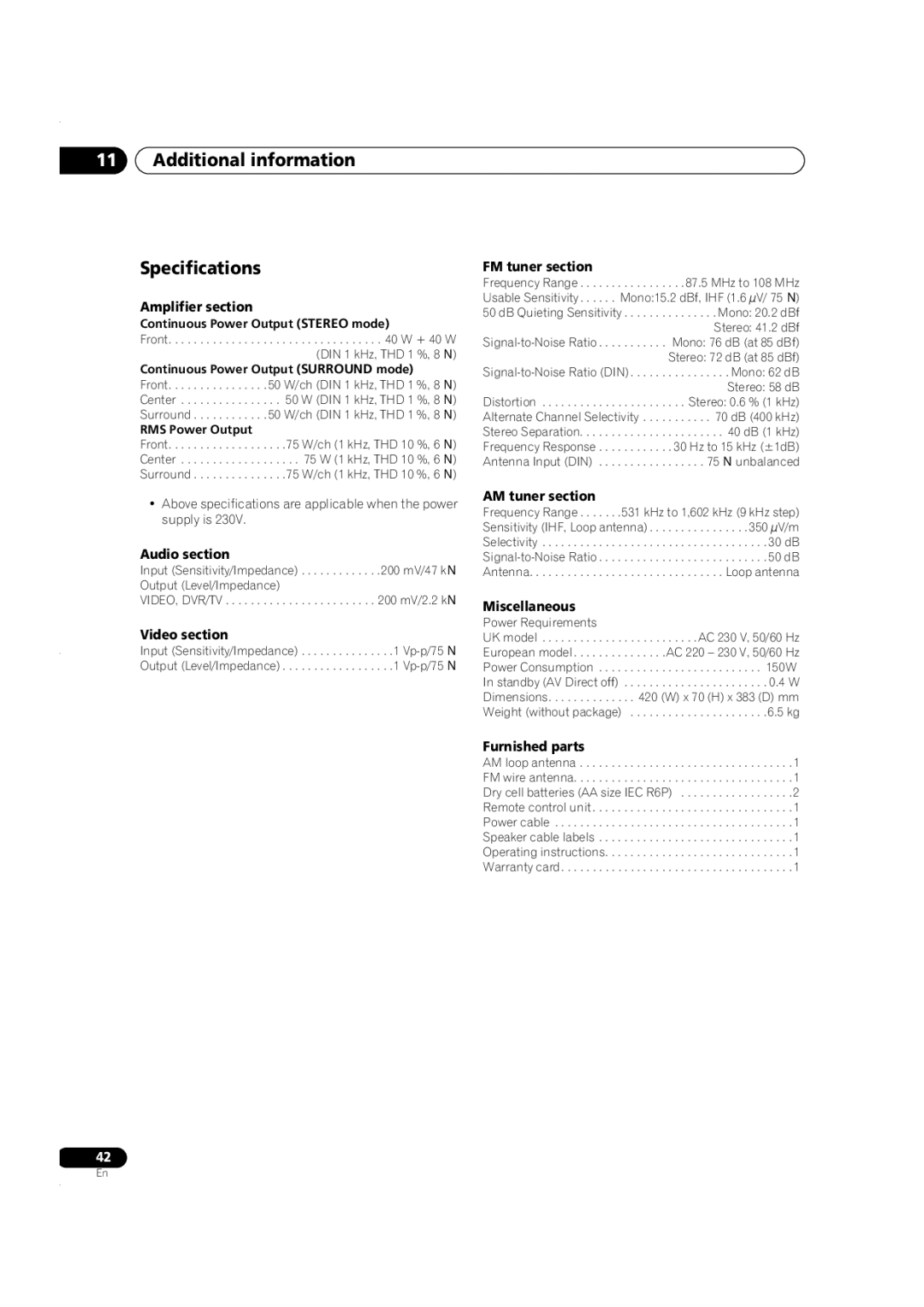 Pioneer VSX-C301 manual Additional information Specifications 