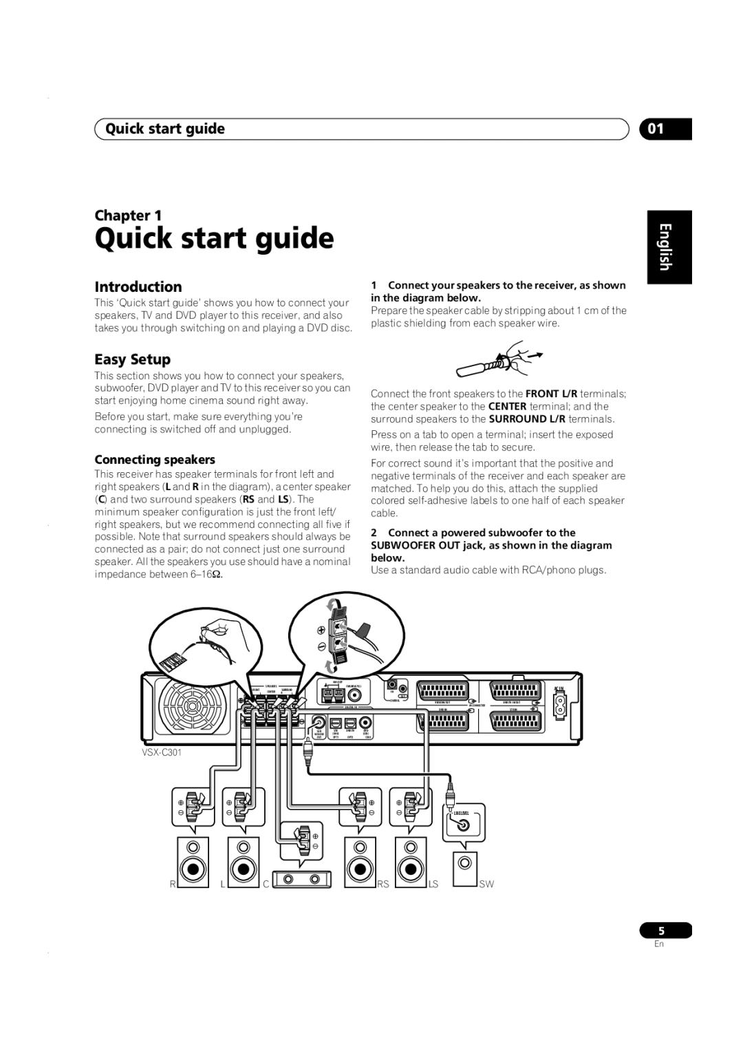 Pioneer VSX-C301 manual Quick start guide Chapter, Introduction, Easy Setup, Connecting speakers 