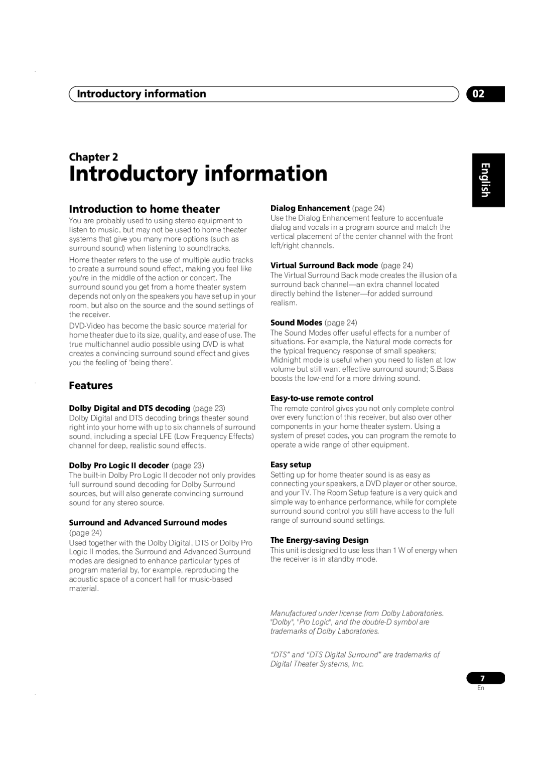 Pioneer VSX-C301 manual Introductory information Chapter, Introduction to home theater, Features 