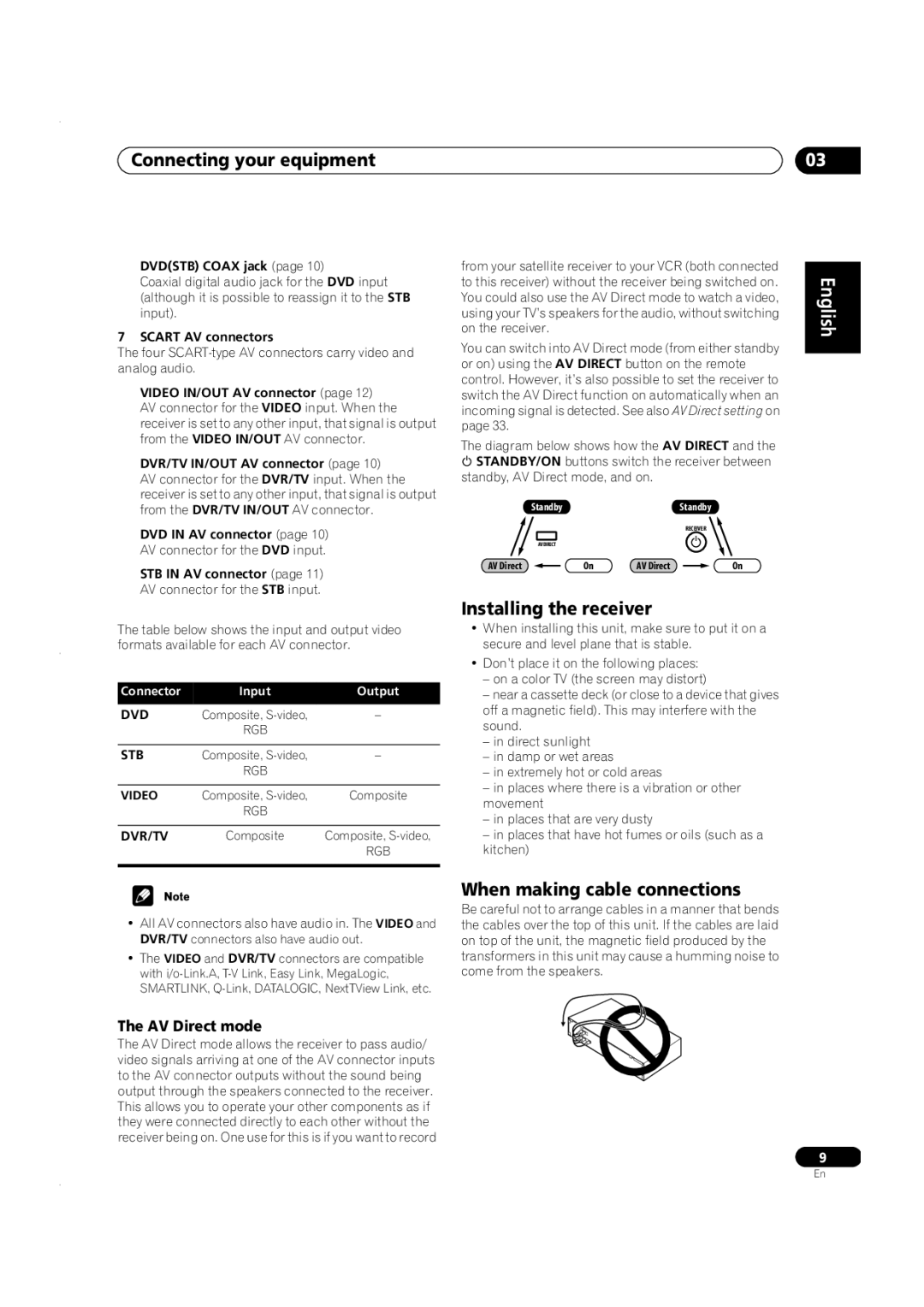 Pioneer VSX-C301 manual Connecting your equipment, Installing the receiver, When making cable connections, AV Direct mode 