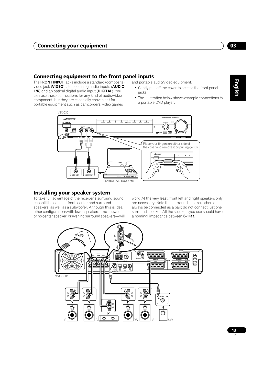 Pioneer VSX-C301 Connecting equipment to the front panel inputs, Installing your speaker system, Connecting your equipment 