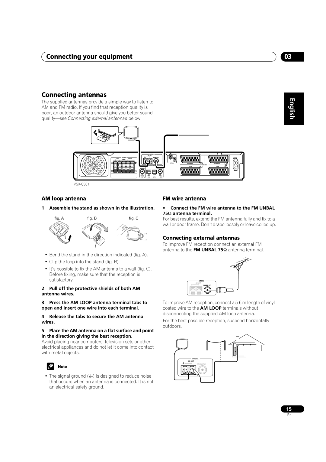 Pioneer VSX-C301 Connecting your equipment Connecting antennas, English, Assemble the stand as shown in the illustration 