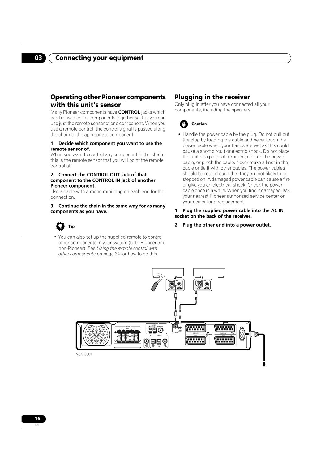 Pioneer VSX-C301 manual Operating other Pioneer components with this unit’s sensor, Plugging in the receiver 