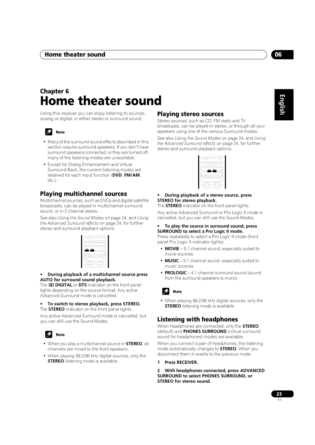 Pioneer VSX-C301 manual Home theater sound Chapter, Playing multichannel sources, Playing stereo sources, English 