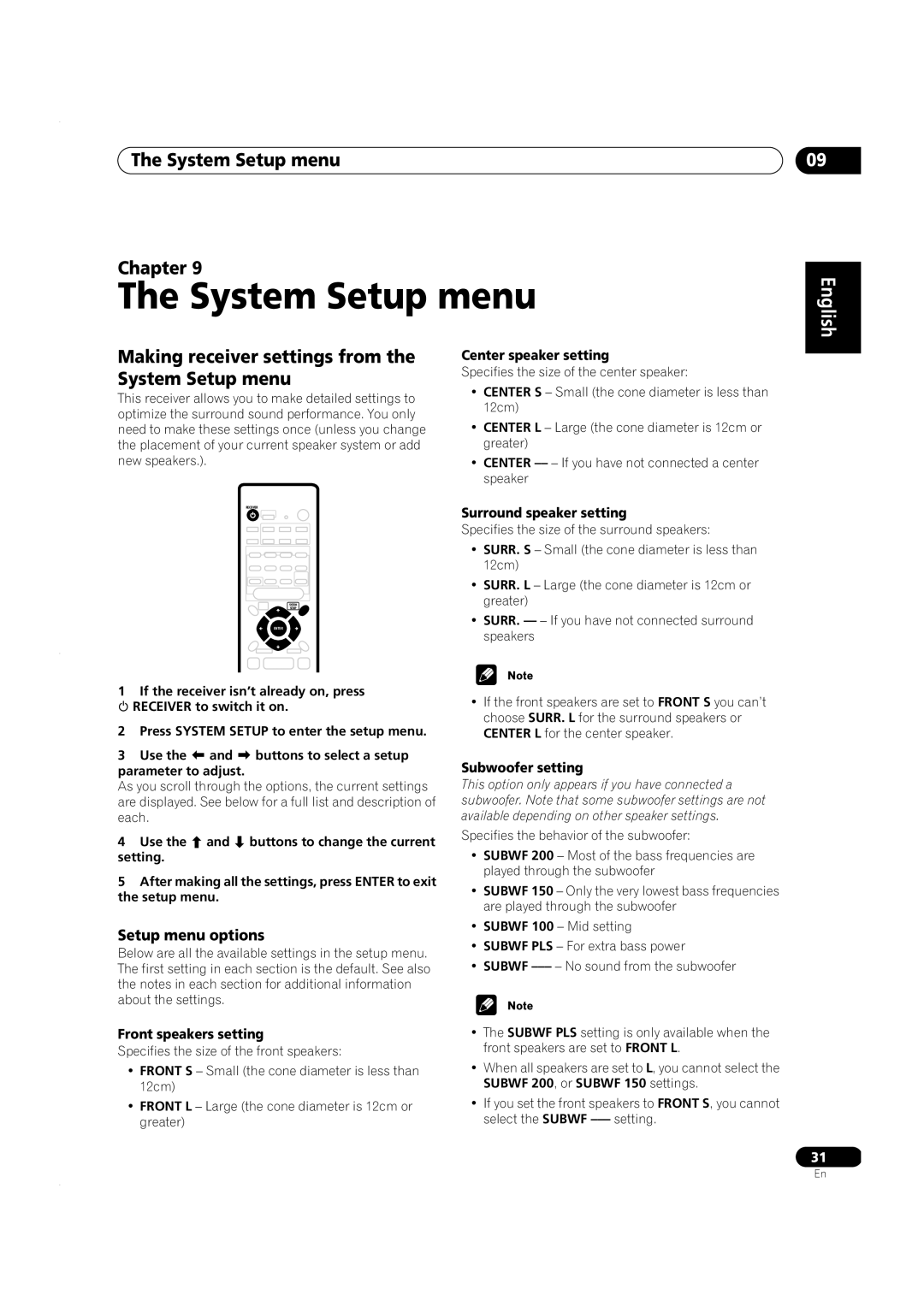 Pioneer VSX-C301 manual The System Setup menu Chapter, Making receiver settings from the System Setup menu, English 
