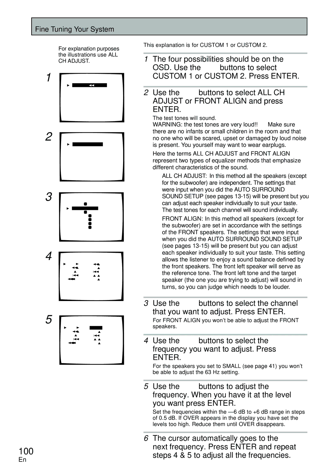 Pioneer VSX-D2011-G, VSX-D2011-S manual 100, Cursor automatically goes to, Steps 4 & 5 to adjust all the frequencies 