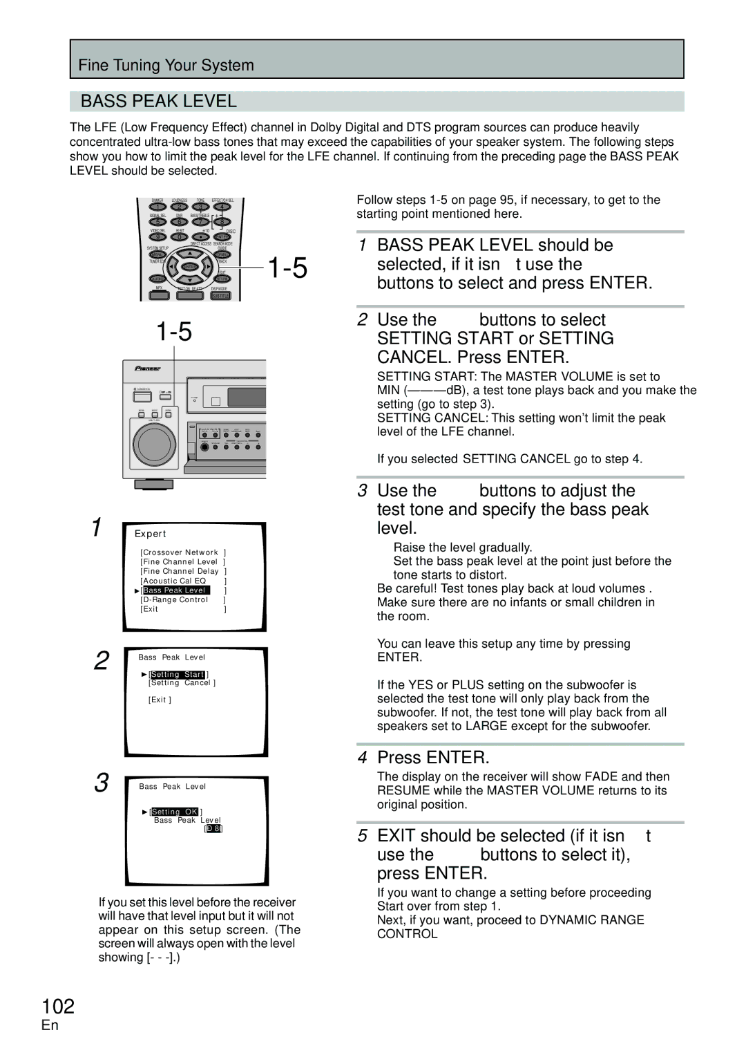 Pioneer VSX-D2011-G, VSX-D2011-S manual 102, Bass Peak Level 