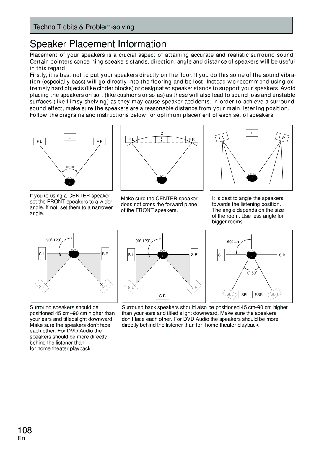 Pioneer VSX-D2011-G, VSX-D2011-S manual Speaker Placement Information, 108 