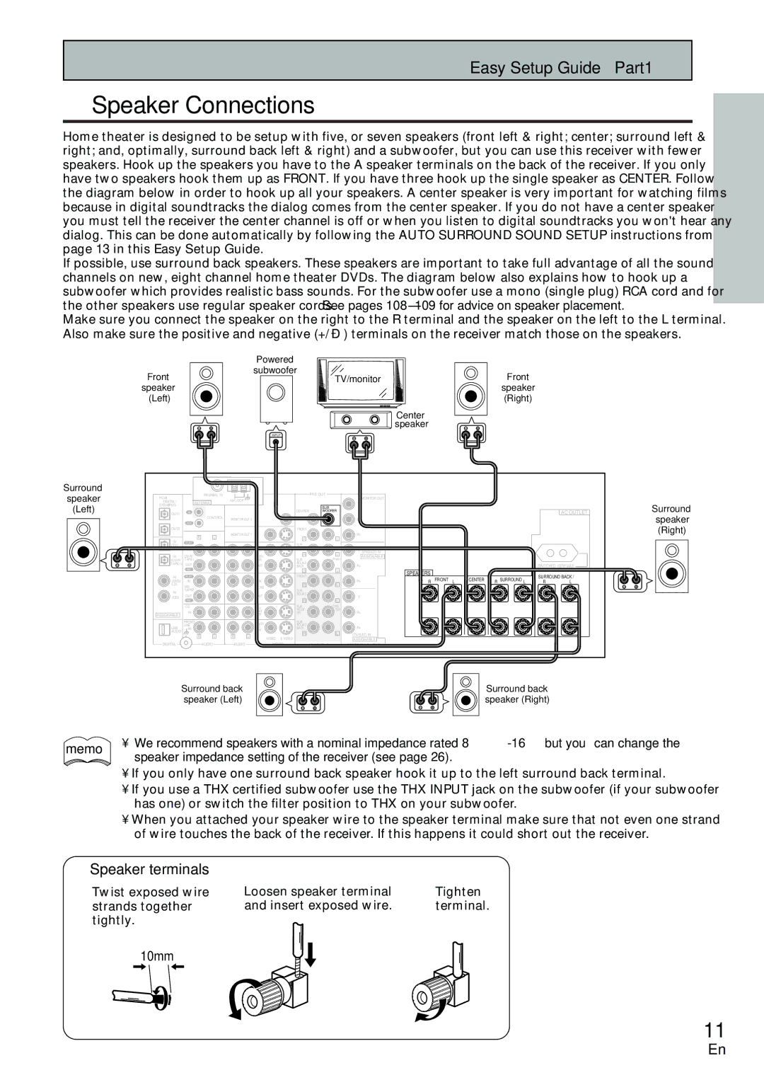 Pioneer VSX-D2011-S, VSX-D2011-G Speaker Connections, Speaker terminals, Speaker impedance setting of the receiver see 