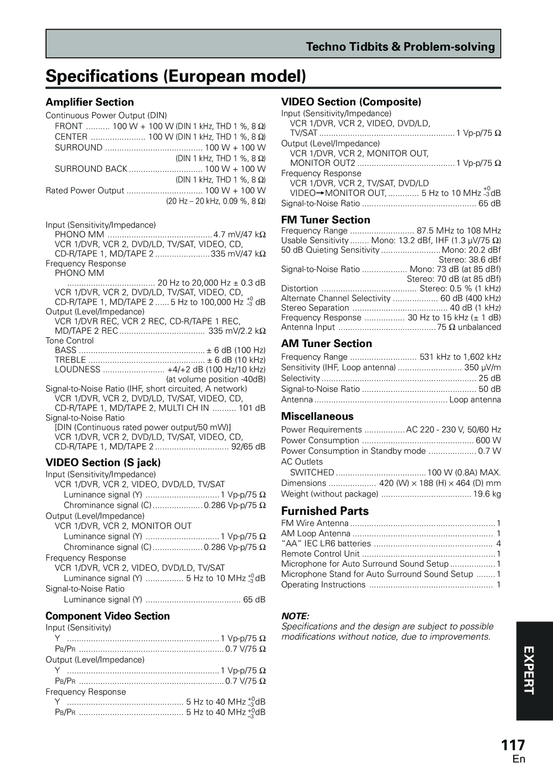 Pioneer VSX-D2011-S, VSX-D2011-G manual Specifications European model, 117 