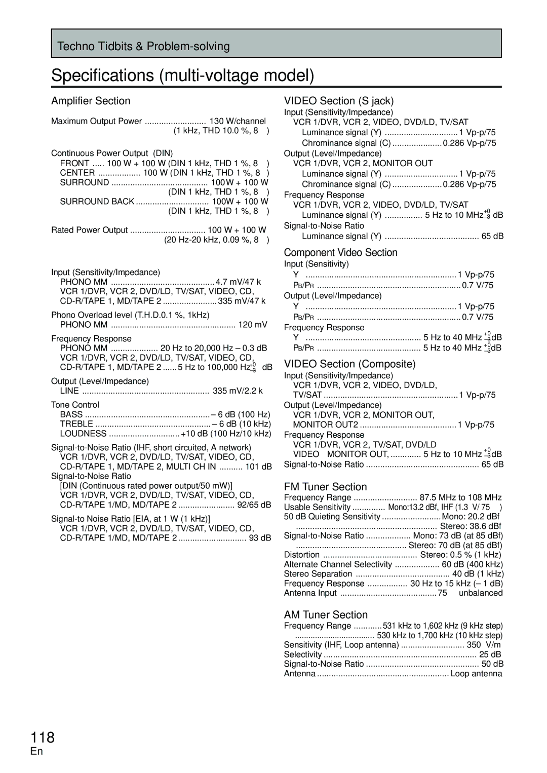 Pioneer VSX-D2011-G, VSX-D2011-S manual Specifications multi-voltage model, 118 