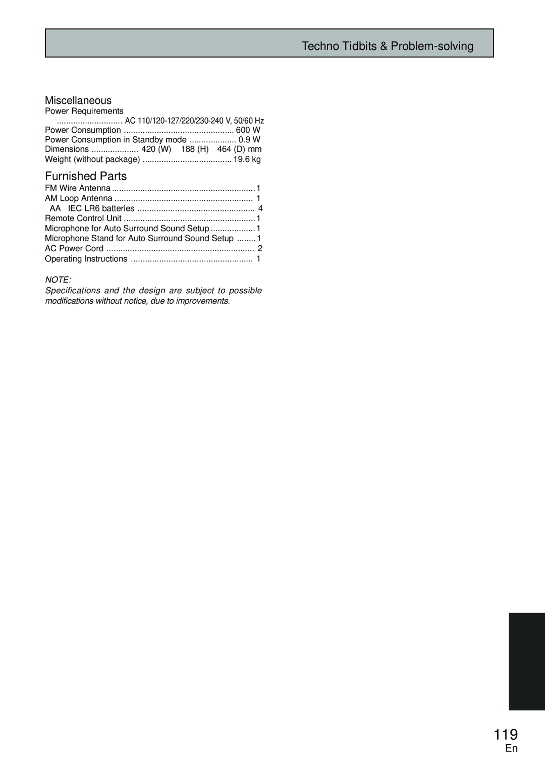 Pioneer VSX-D2011-S, VSX-D2011-G manual 119, Furnished Parts, Dimensions 