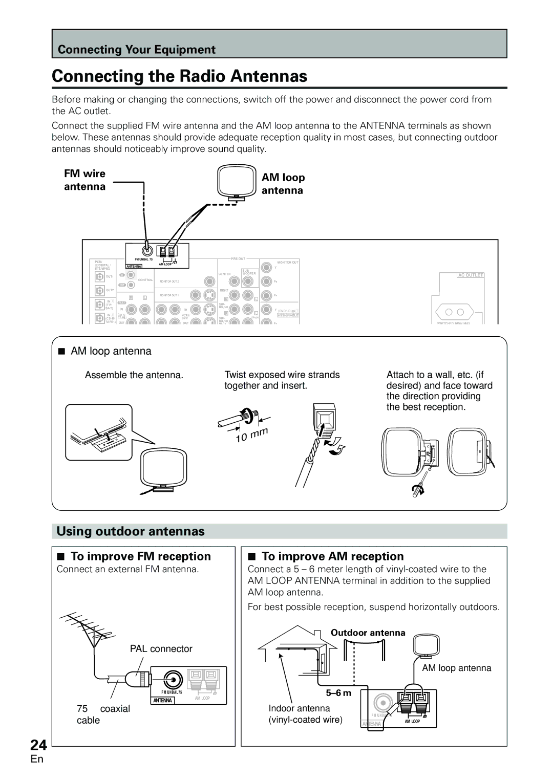 Pioneer VSX-D2011-G, VSX-D2011-S manual Connecting the Radio Antennas, Using outdoor antennas, To improve FM reception 