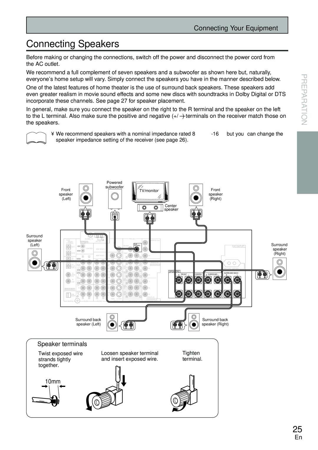 Pioneer VSX-D2011-S, VSX-D2011-G manual Connecting Speakers, Speaker impedance setting of the receiver see 