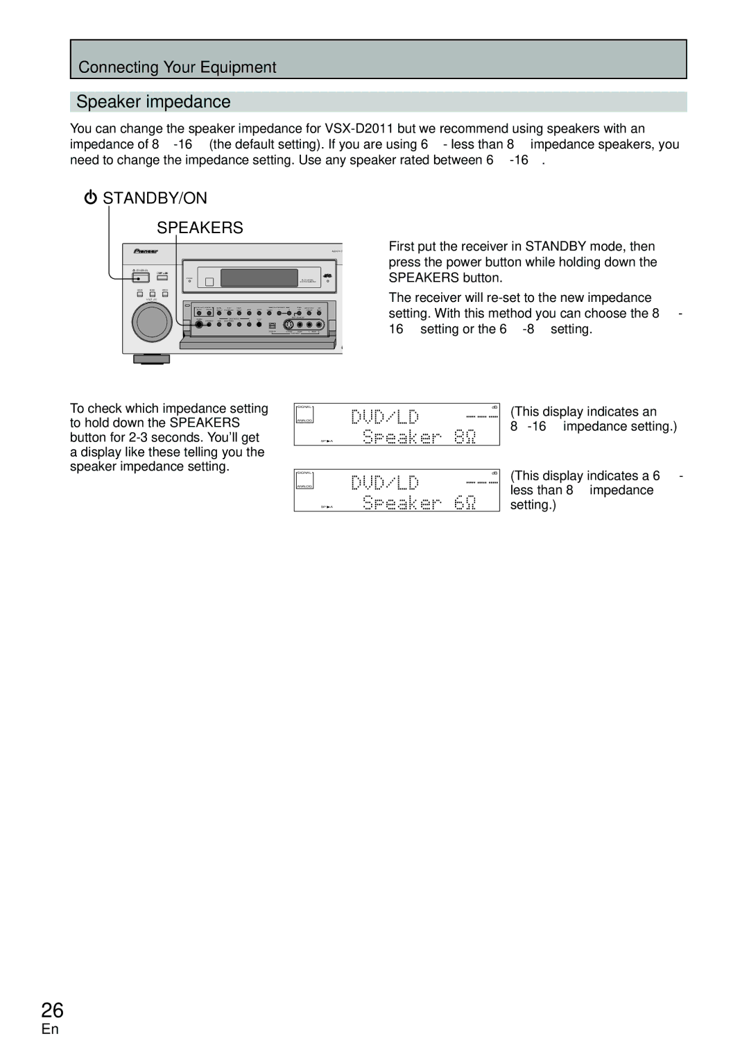 Pioneer VSX-D2011-G, VSX-D2011-S manual Speaker impedance, STANDBY/ON Speakers 