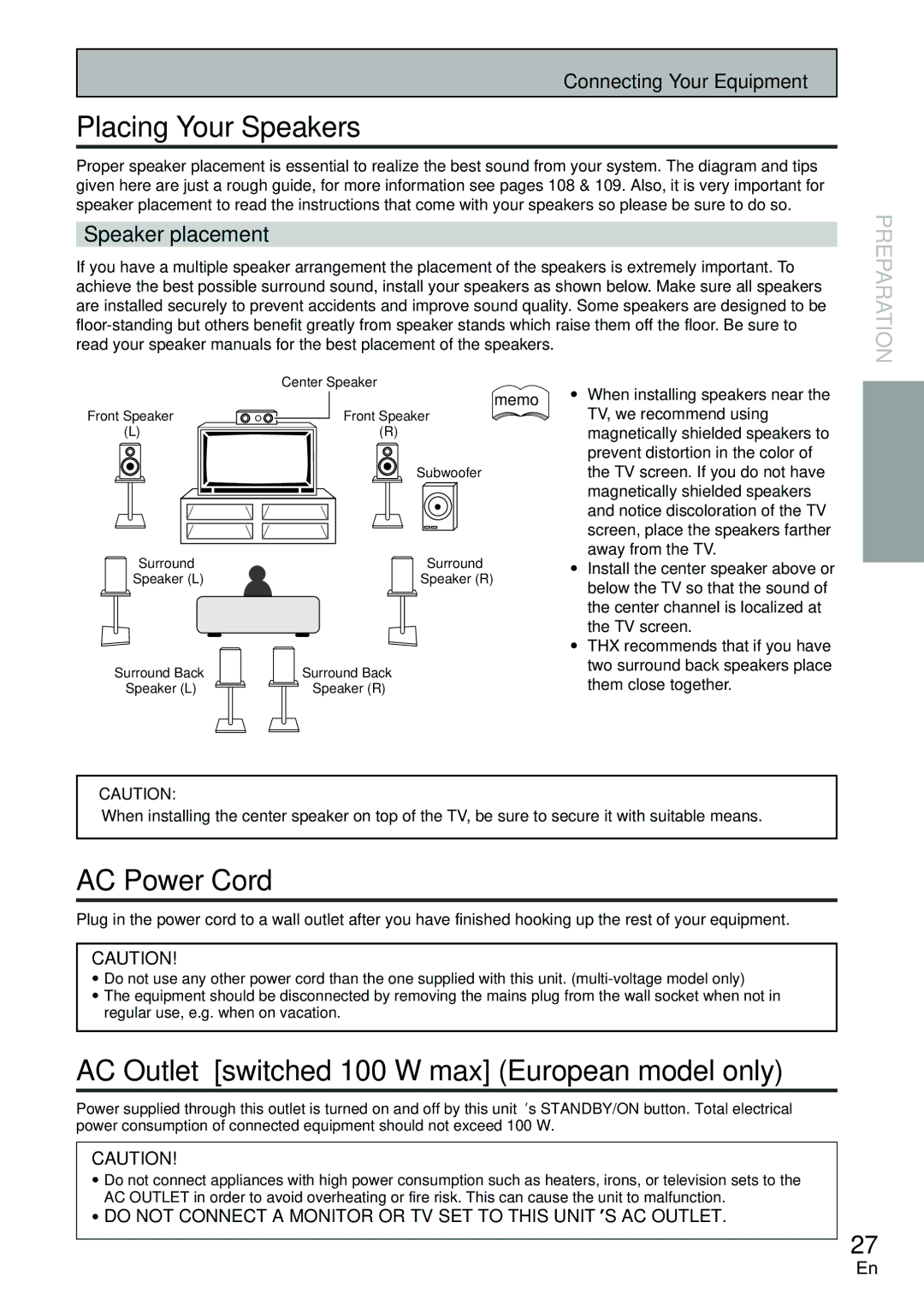 Pioneer VSX-D2011-S, VSX-D2011-G Placing Your Speakers, AC Power Cord, AC Outlet switched 100 W max European model only 