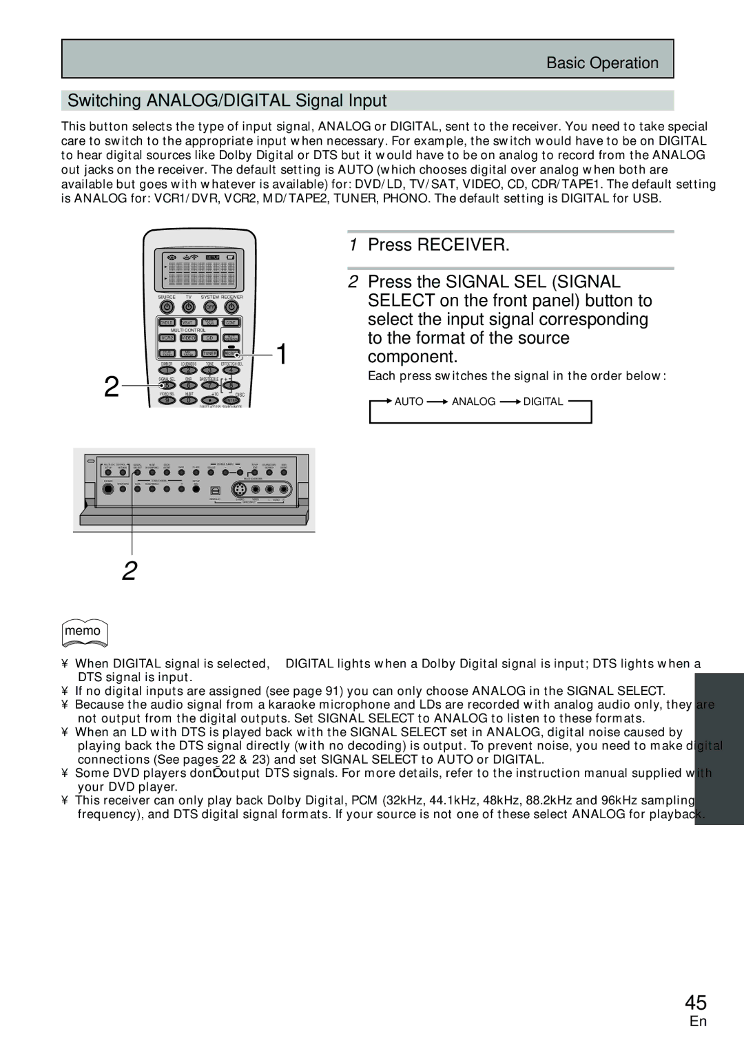 Pioneer VSX-D2011-S manual Switching ANALOG/DIGITAL Signal Input, Press Receiver, Press the Signal SEL Signal, Component 