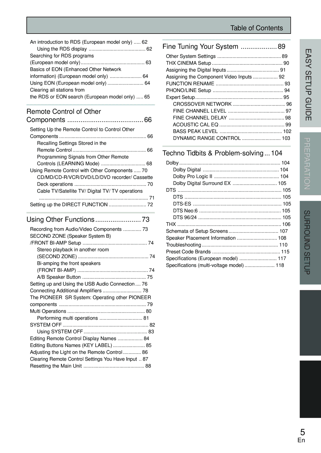 Pioneer VSX-D2011-S, VSX-D2011-G manual Table of Contents, Remote Control of Other Components, 104 