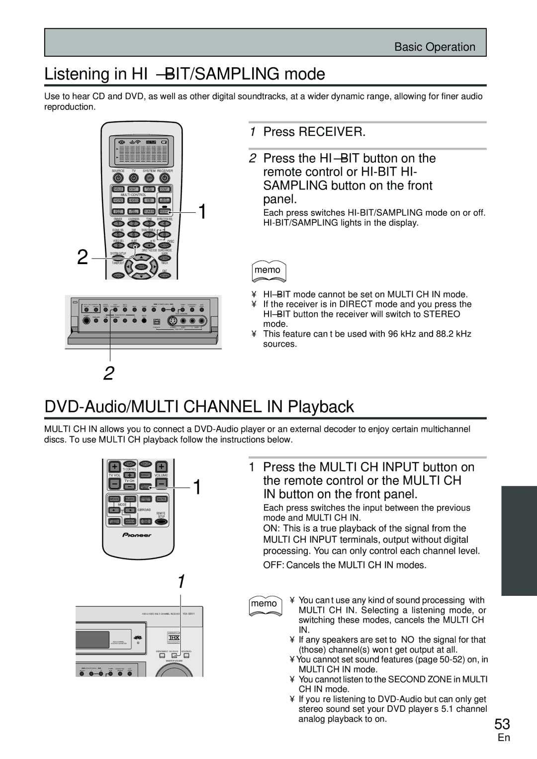 Pioneer VSX-D2011-S Listening in HI-BIT/SAMPLING mode, DVD-Audio/MULTI Channel in Playback, Remote control or the Multi CH 