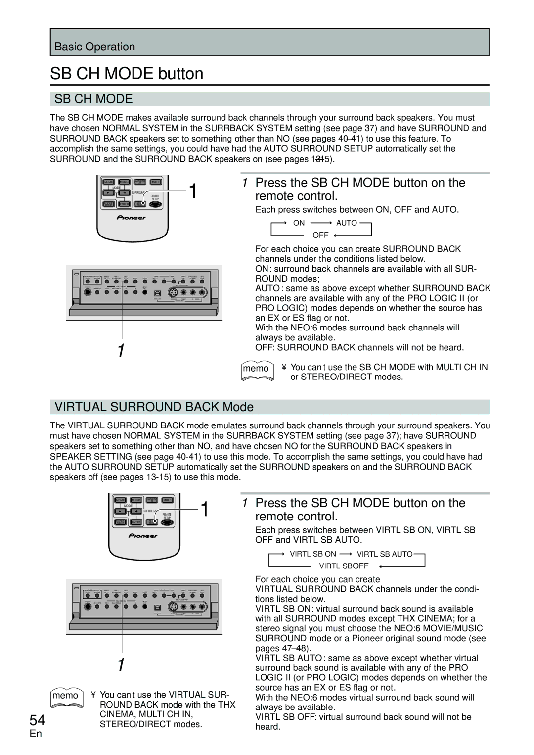 Pioneer VSX-D2011-G, VSX-D2011-S manual Press the SB CH Mode button on, Virtual Surround Back Mode 