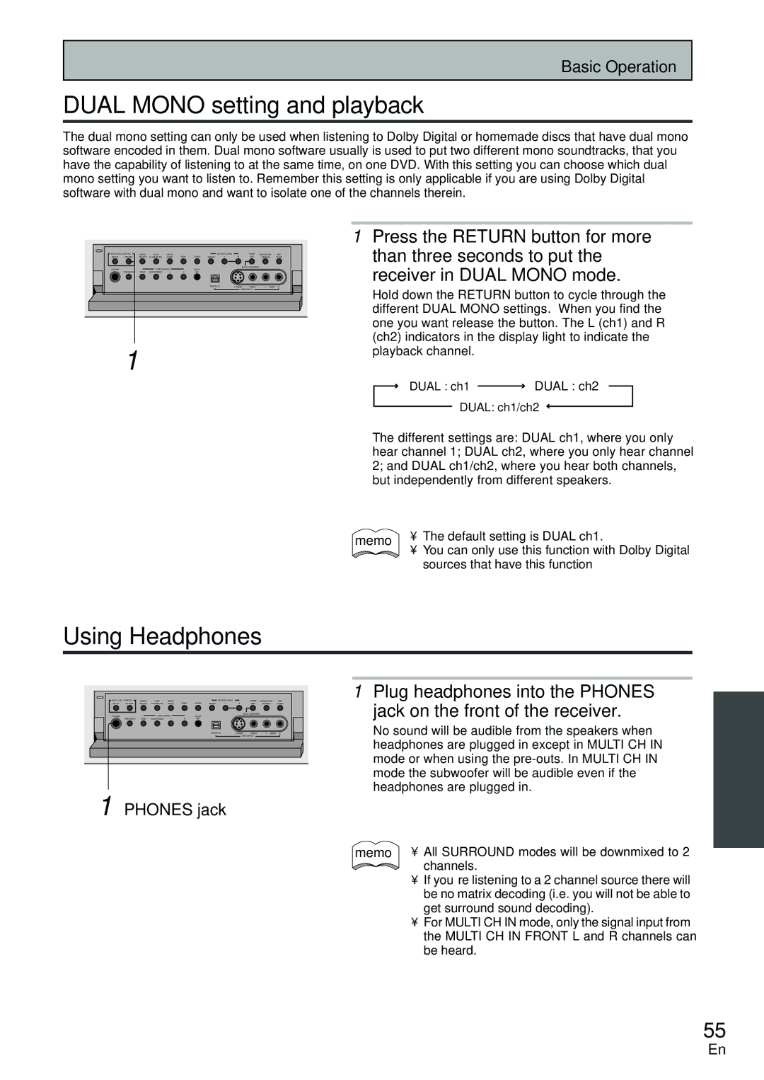 Pioneer VSX-D2011-S, VSX-D2011-G manual Dual Mono setting and playback, Using Headphones, Phones jack 