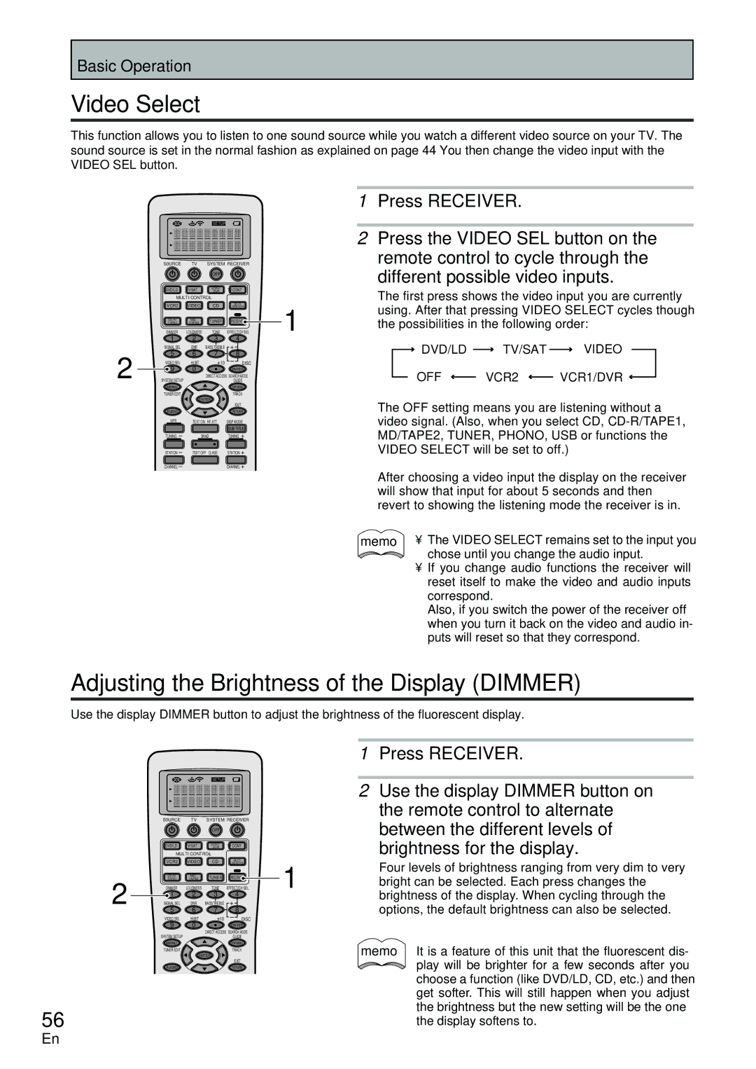 Pioneer VSX-D2011-G, VSX-D2011-S manual Video Select, Adjusting the Brightness of the Display Dimmer 