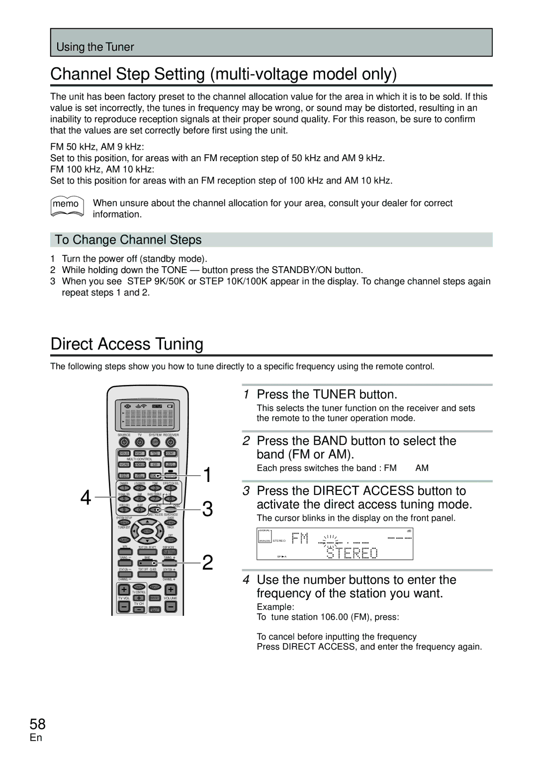 Pioneer VSX-D2011-G manual Channel Step Setting multi-voltage model only, Direct Access Tuning, To Change Channel Steps 