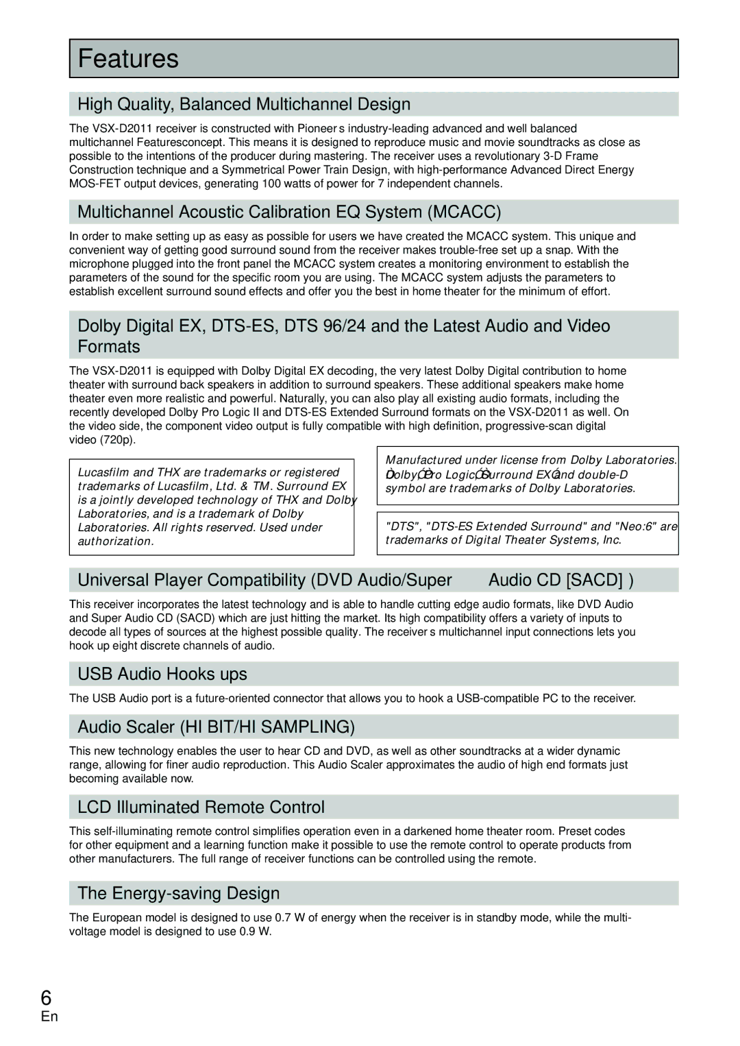 Pioneer VSX-D2011-G, VSX-D2011-S manual Features 