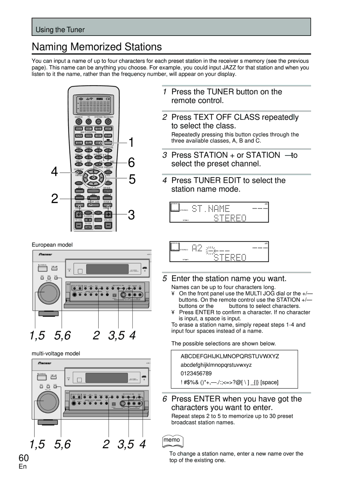 Pioneer VSX-D2011-G manual Naming Memorized Stations, Press the Tuner button on the remote control, To select the class 