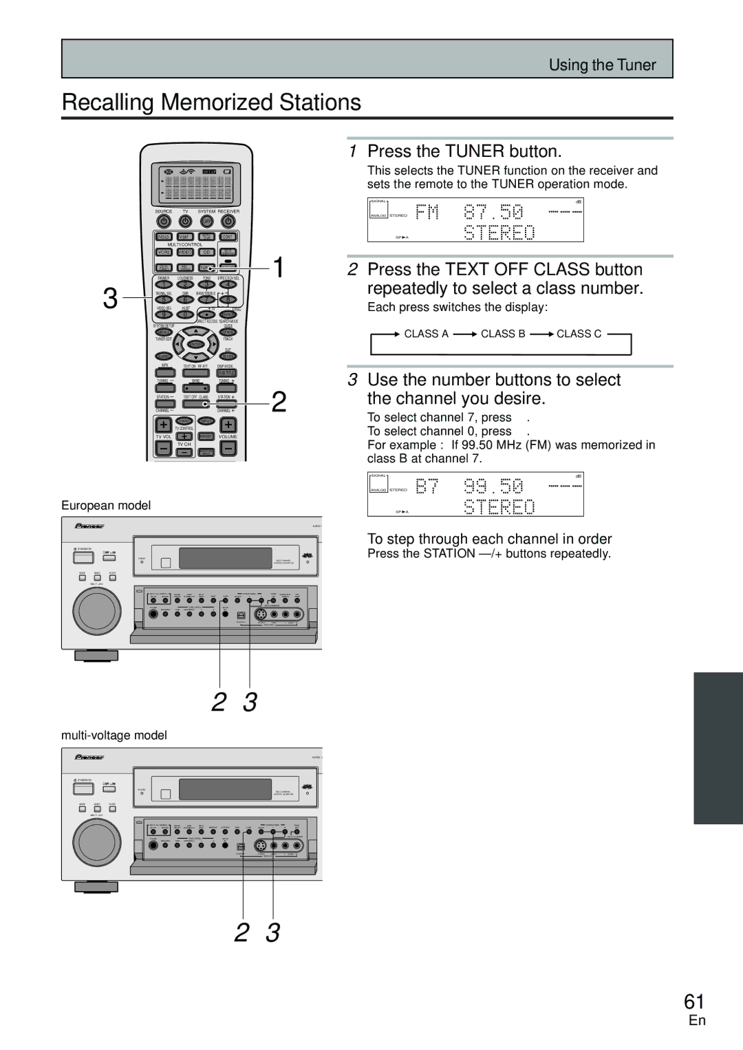 Pioneer VSX-D2011-S, VSX-D2011-G manual Recalling Memorized Stations, Use the number buttons to select Channel you desire 