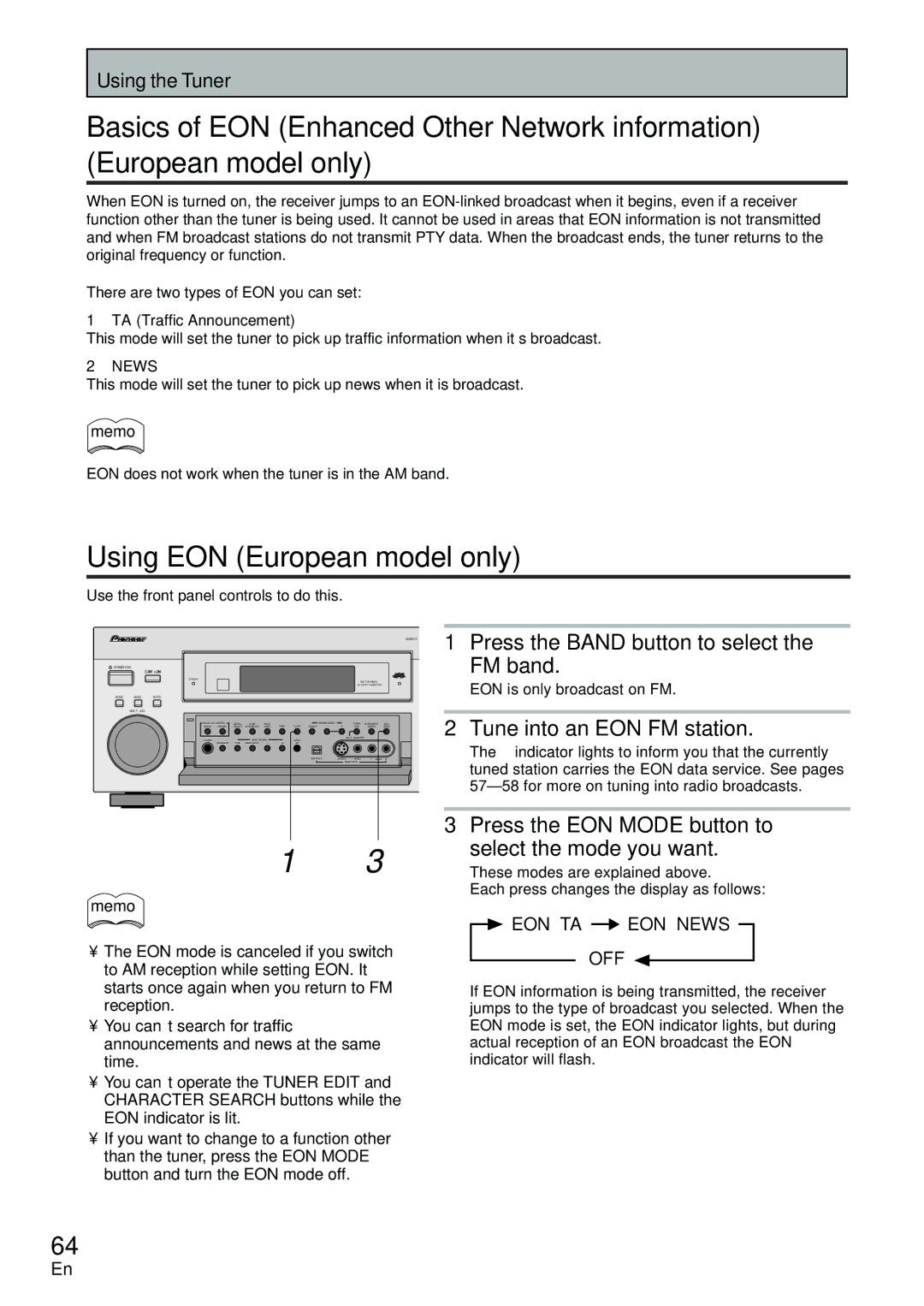 Pioneer VSX-D2011-G, VSX-D2011-S manual Using EON European model only, FM band, Tune into an EON FM station 