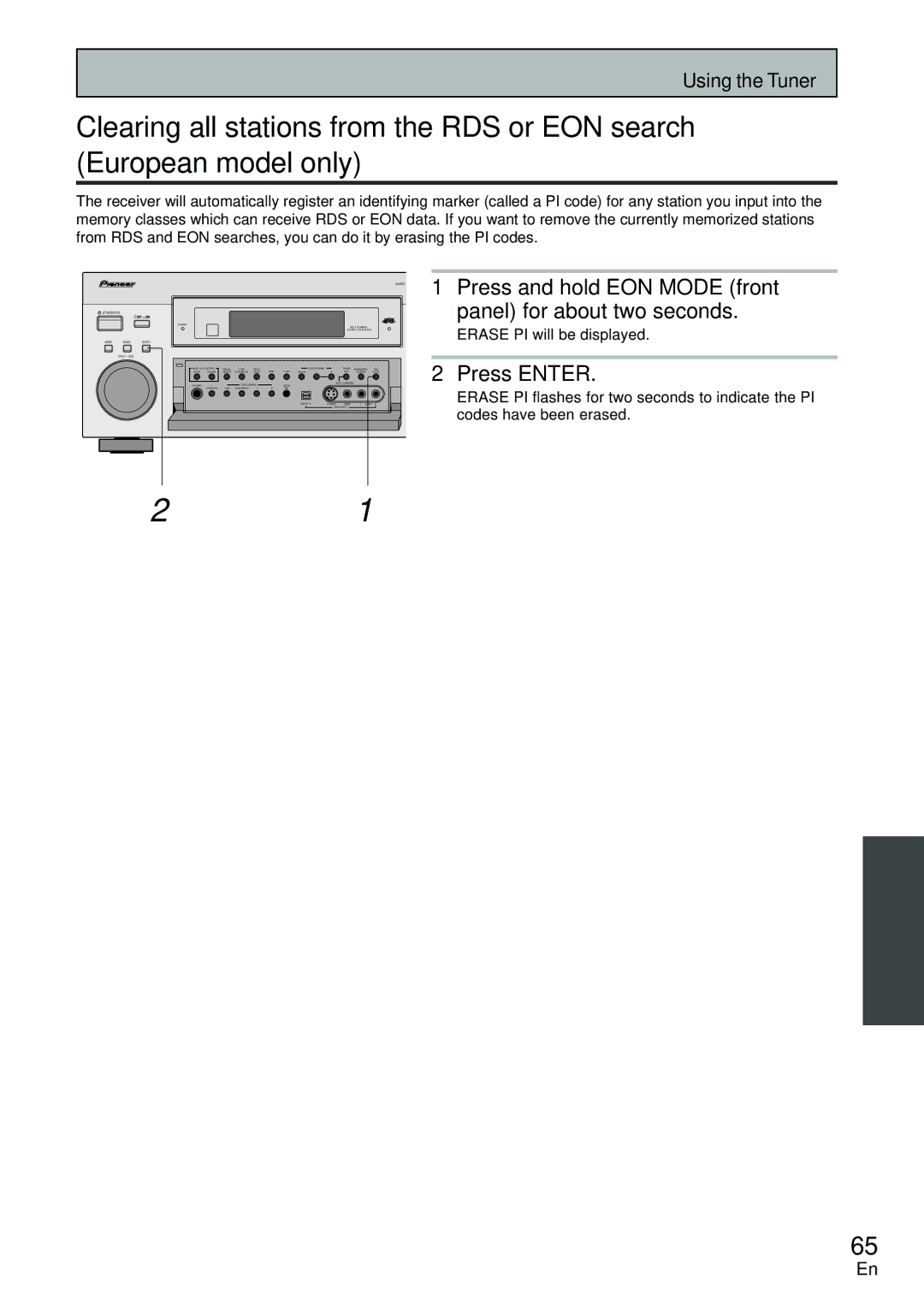 Pioneer VSX-D2011-S, VSX-D2011-G Press and hold EON Mode front, Panel for about two seconds, Erase PI will be displayed 