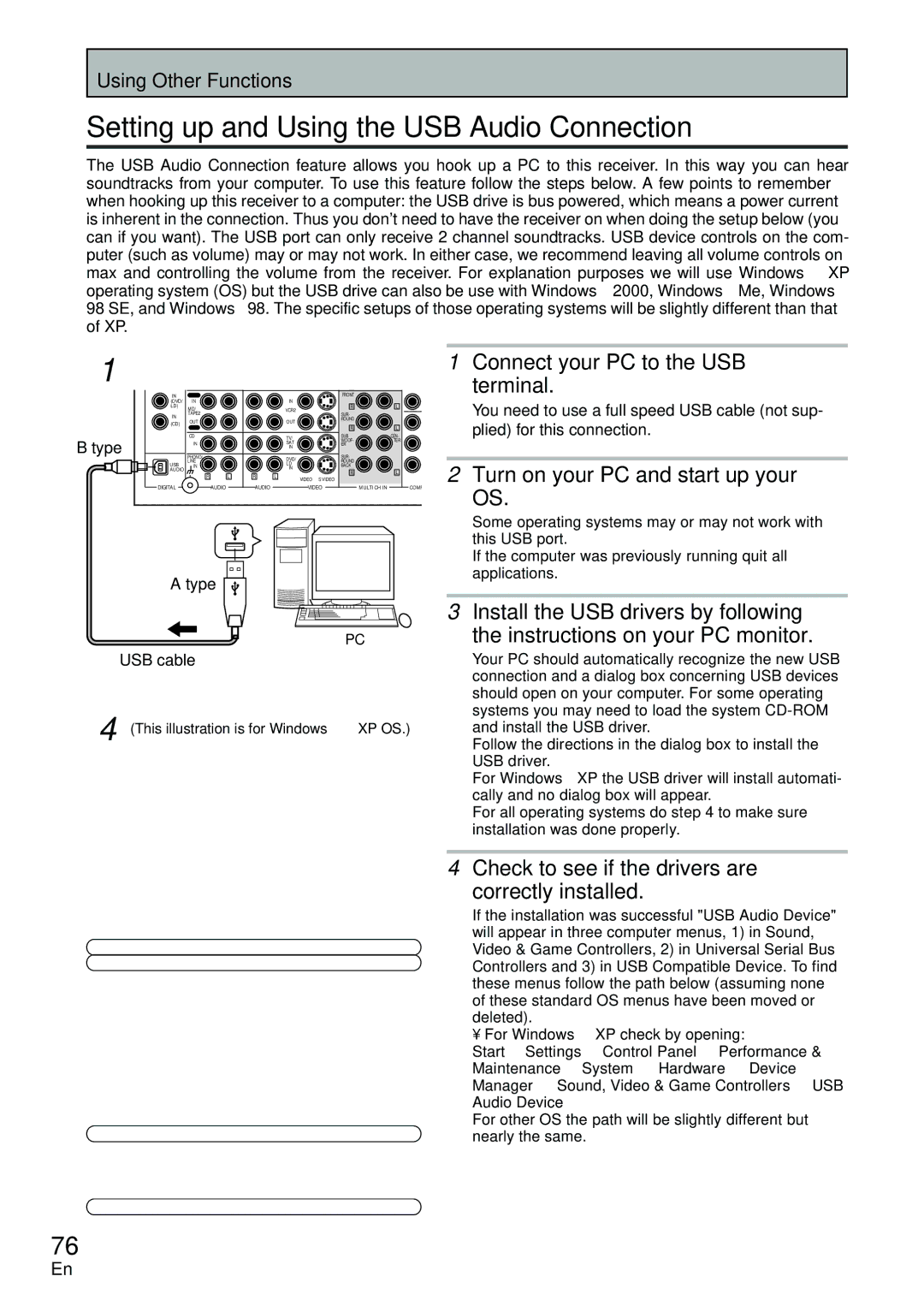 Pioneer VSX-D2011-G, VSX-D2011-S manual Setting up and Using the USB Audio Connection, Connect your PC to the USB, Terminal 