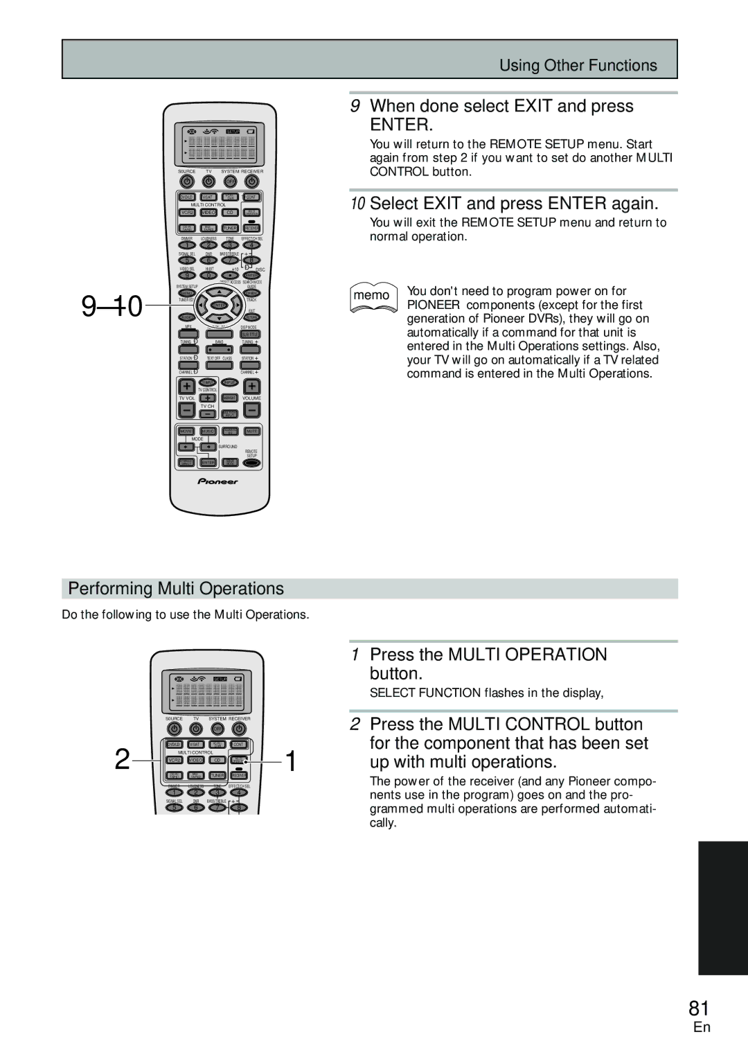 Pioneer VSX-D2011-S manual When done select Exit and press, Select Exit and press Enter again, Performing Multi Operations 