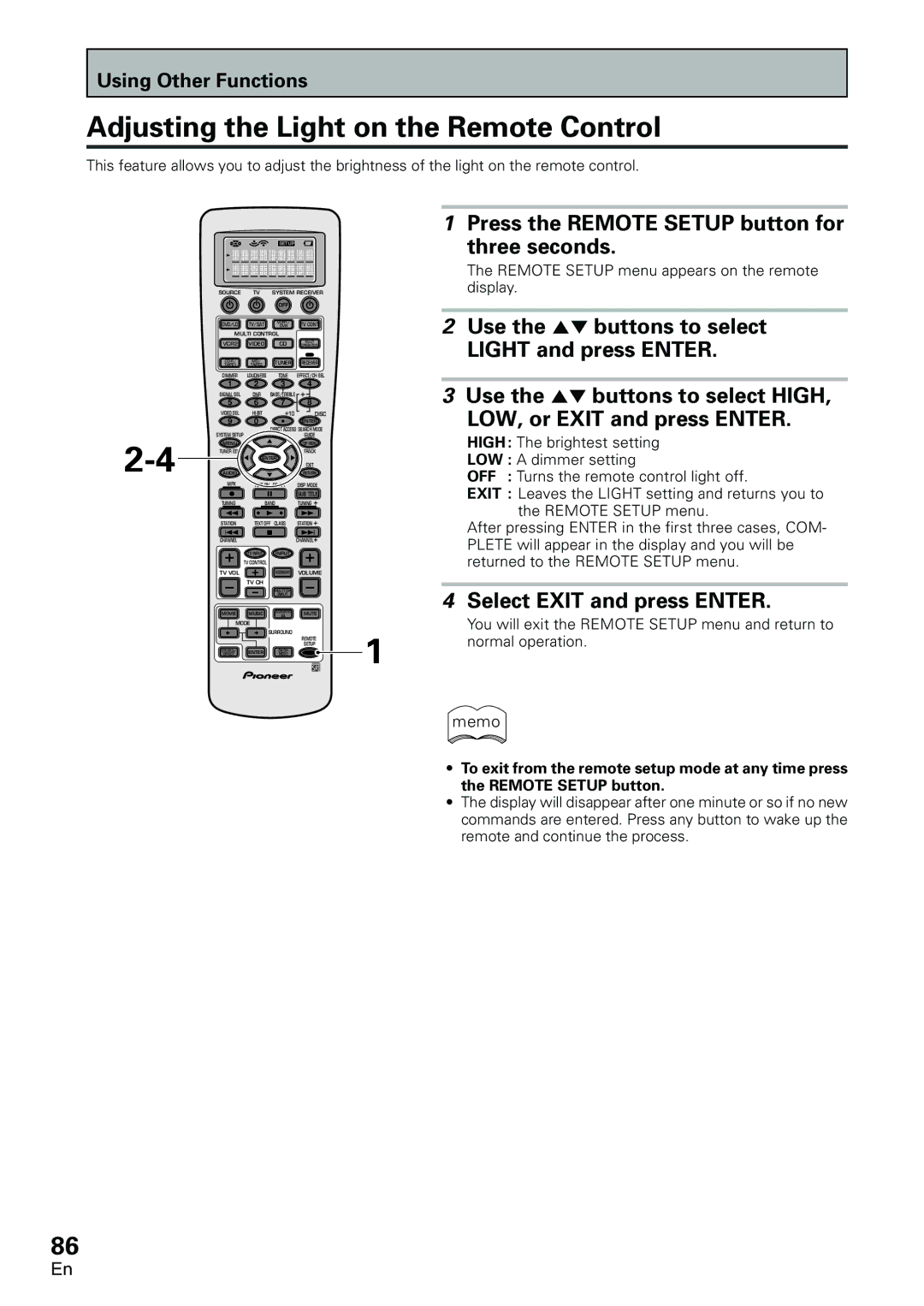 Pioneer VSX-D2011-G manual Adjusting the Light on the Remote Control, You will exit the Remote Setup menu and return to 