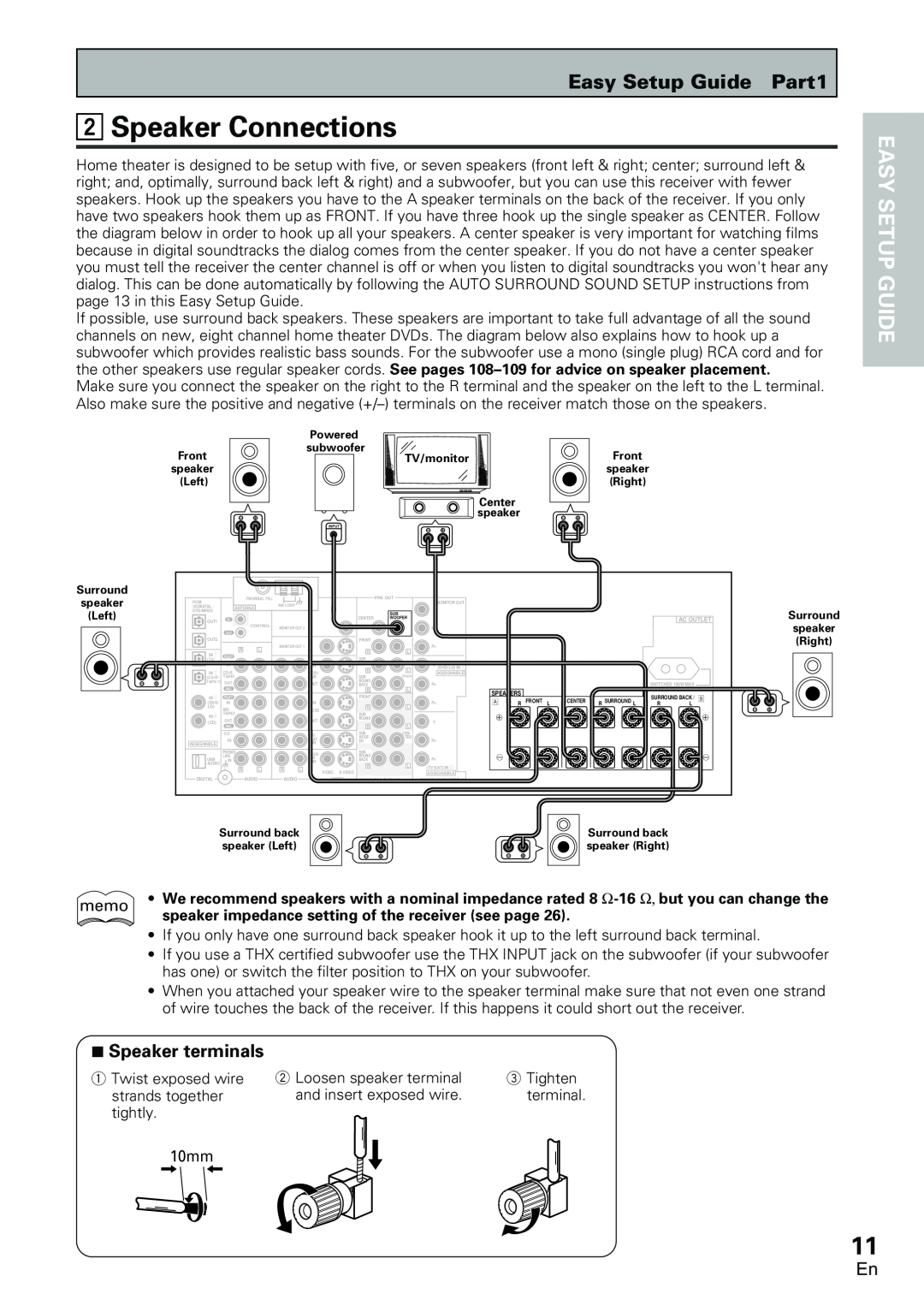 Pioneer VSX-D2011-S, VSX-D2011-G manual 2Speaker Connections, Easy Setup Guide, 7Speaker terminals, memo 