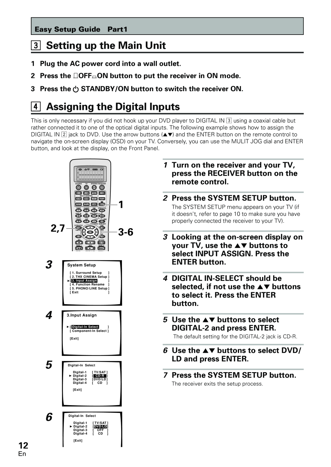 Pioneer VSX-D2011-G manual 3Setting up the Main Unit, 4Assigning the Digital Inputs, 2Press the SYSTEM SETUP button, 1 3-6 