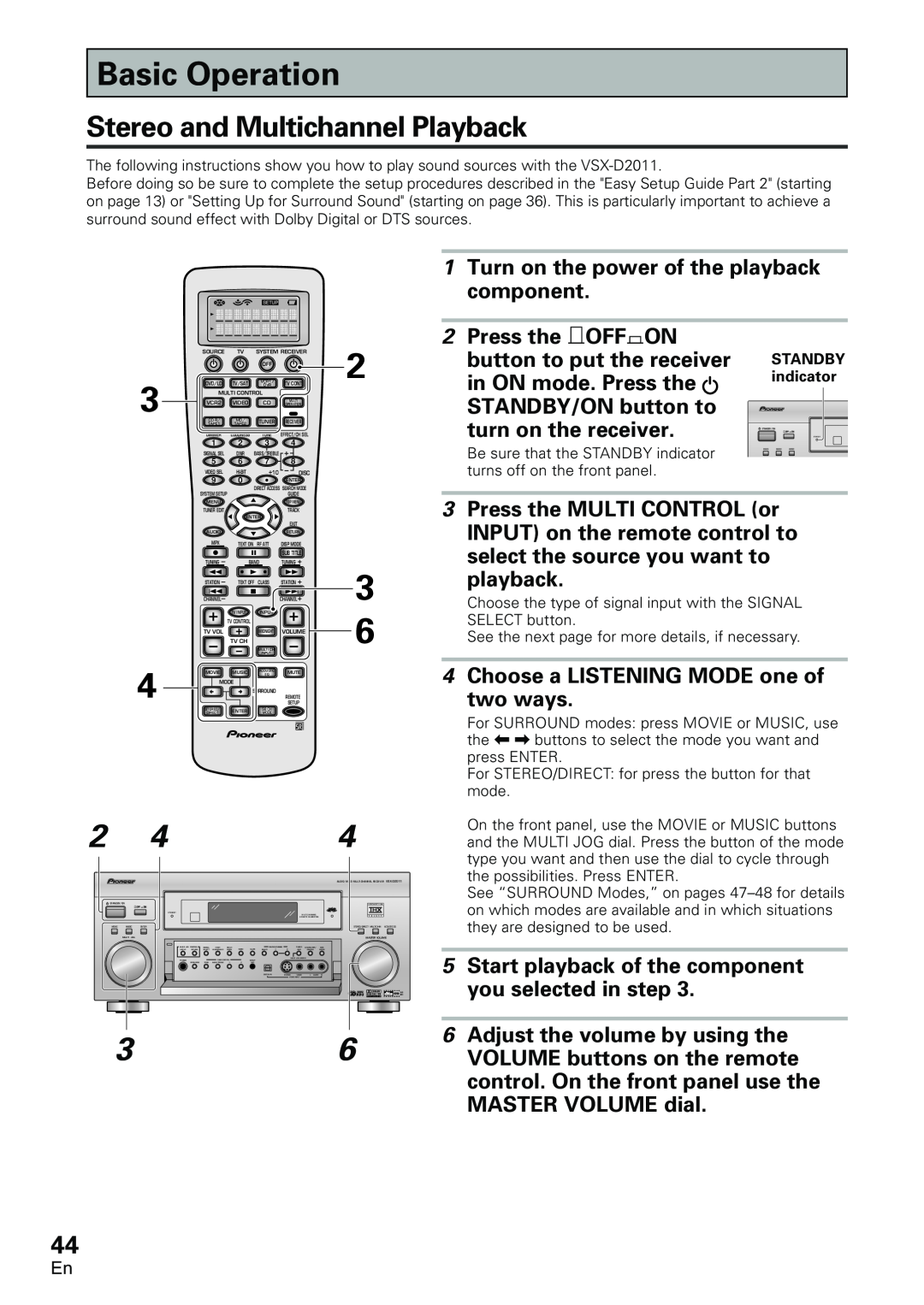 Pioneer VSX-D2011-G manual Basic Operation, Stereo and Multichannel Playback, 1Turn on the power of the playback component 