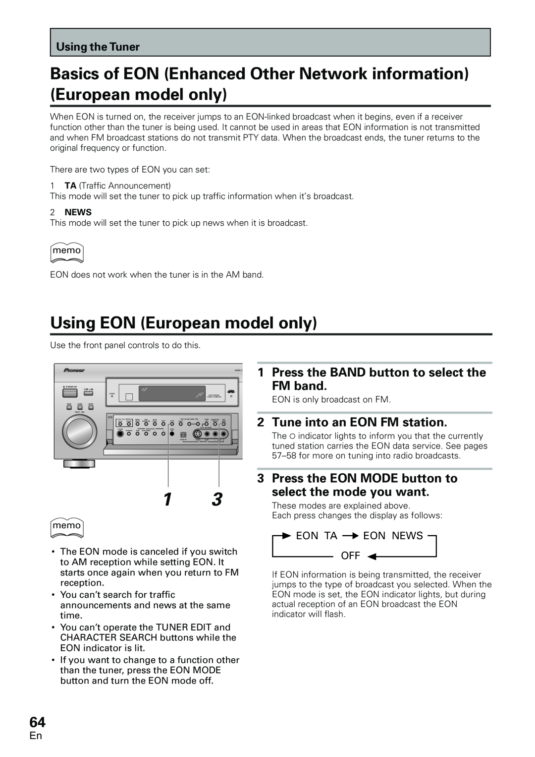 Pioneer VSX-D2011-G, VSX-D2011-S Using EON European model only, FM band, Tune into an EON FM station, Eon Ta Eon News Off 